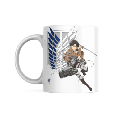 Levi Ackerman - Attack on Titans Mug showcasing Soldiers Emblem and Levi in a fighting stance.